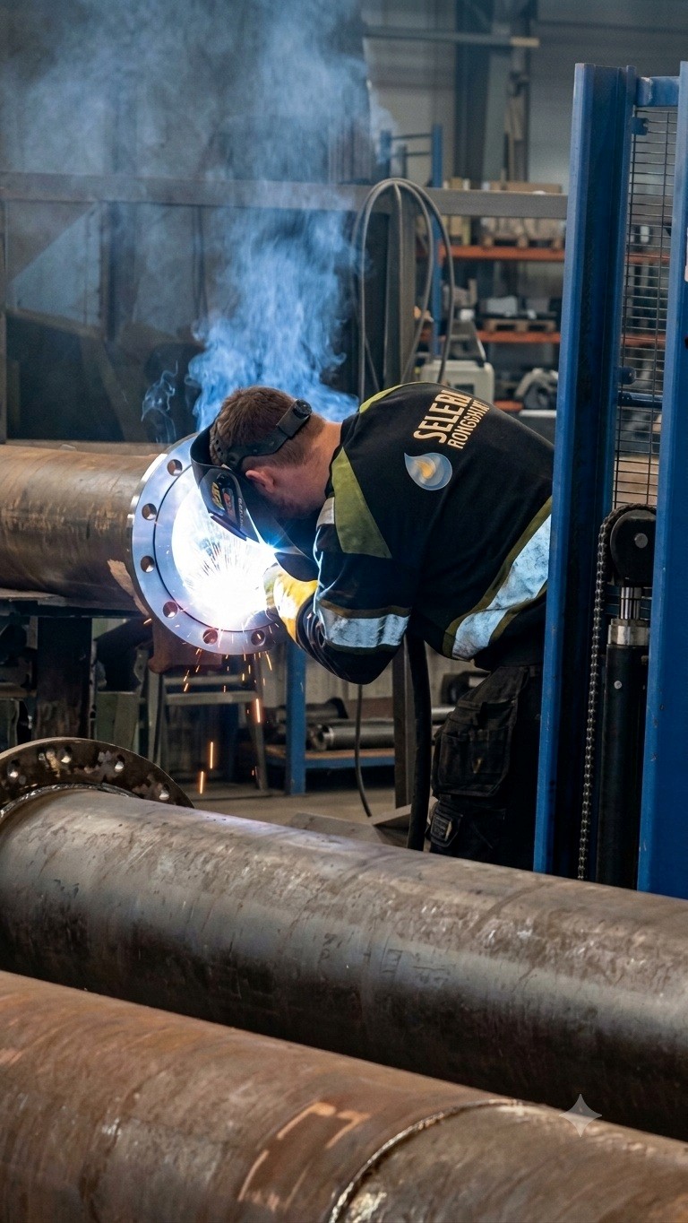 En sveiser i arbeid på et stort metallrør i et verksted